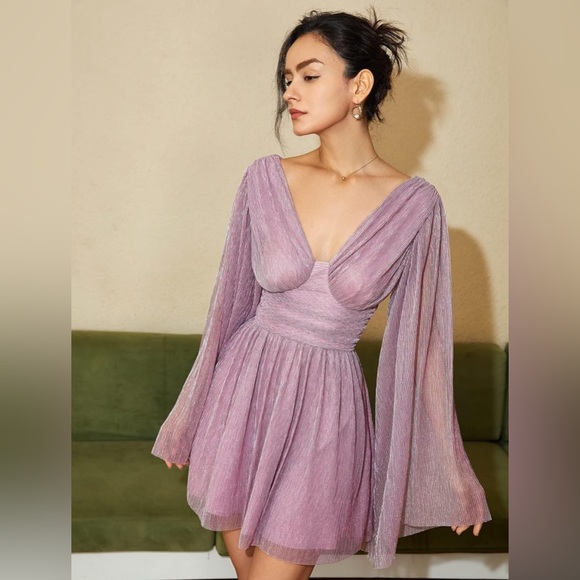 AEL Amy Enjoy Life Flowey Wing Sleeve Purple Sparkle Mini-Dress Sz: Small - Picture 6 of 10